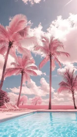 Palm trees and poolside scene in monochrome pink palette.