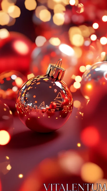 Red reflective Christmas ornament with festive bokeh lights.