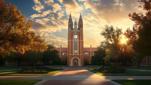 Gothic brick campus clock tower framed by autumn foliage at dusk