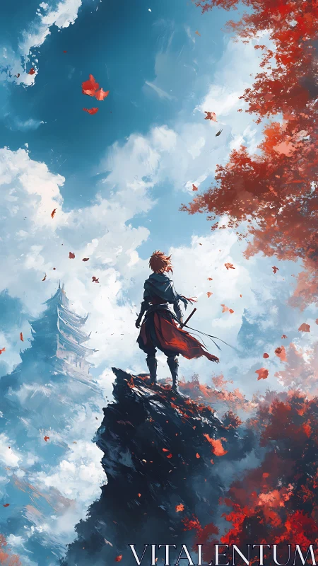 Lone warrior surveys a crimson autumn sky from high cliffs