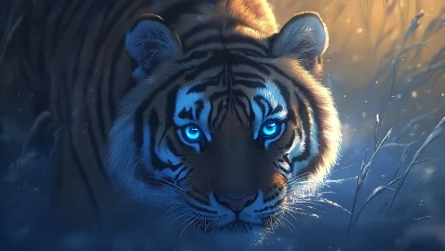 Bioluminescent-eyed tiger in cinematic cold-warm contrast.