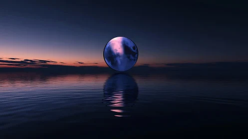 Surreal moon sphere rising above calm twilight ocean.
