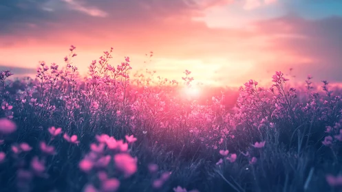 Soft pink wildflowers welcome the sun in a dreamy dawn field