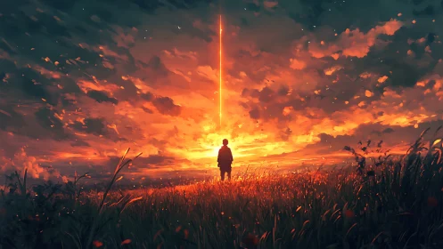 Silhouette in field beneath vertical beam at vivid sunset sky.