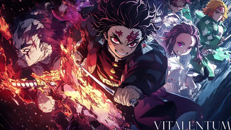 Sword-wielding warriors charge through flame and water clash.