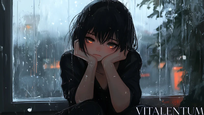 Melancholic anime girl by rainy window with city lights.