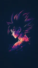 Chromatic Saiyan silhouette in fragmented neon dispersion.