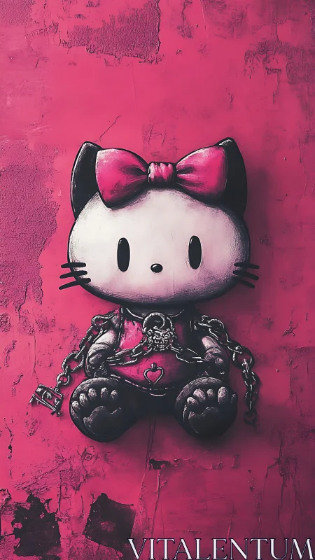 Hello Kitty style character on chained toy sculpture panel.