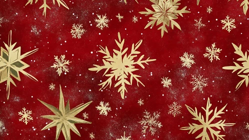 Golden snowflake confetti drifting over velvet red night.