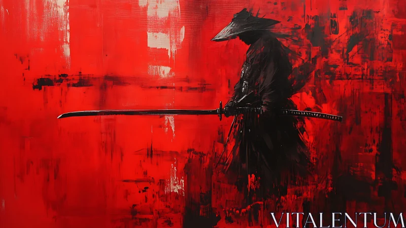 Samurai silhouette with katana on gestural red ground.