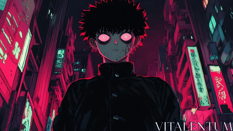 Psychic-empowered teen in neon-lit alley framed by vertical towers