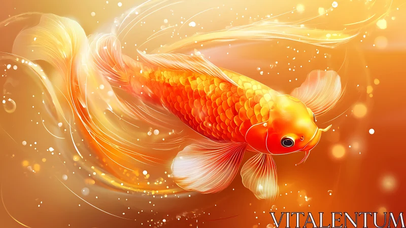 Glowing golden koi fish drifts gently through swirling light