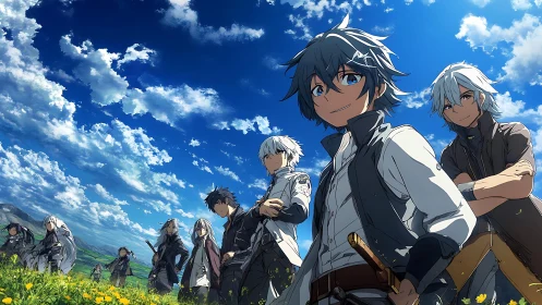 Anime swordsmen stand in flower field under vivid blue sky