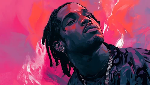 Confident portrait of man in pink and red digital art.