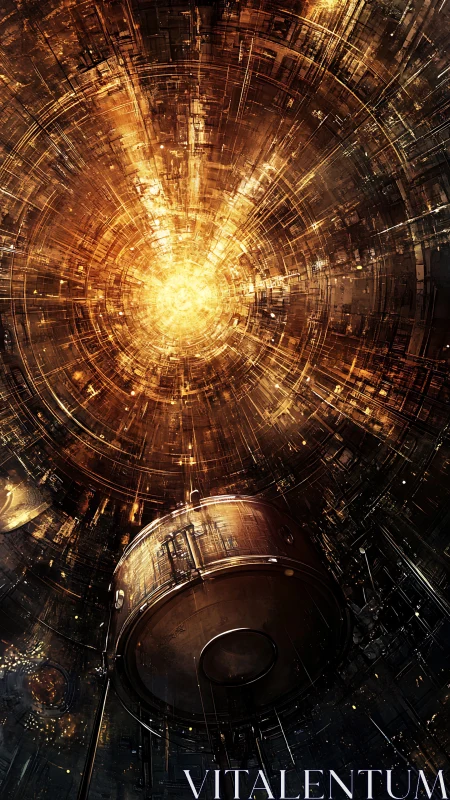 Glowing energy core inside complex sci fi chamber.