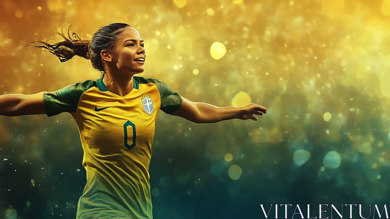 Dynamic female footballer celebrates against bokeh stadium glow