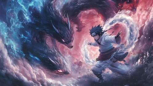 Dynamic chakra duel with spectral wolves in turbulent energy vortex