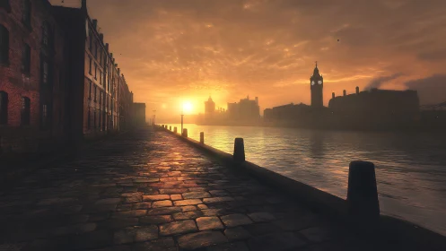 Industrial riverside sunrise over cobblestone promenade.