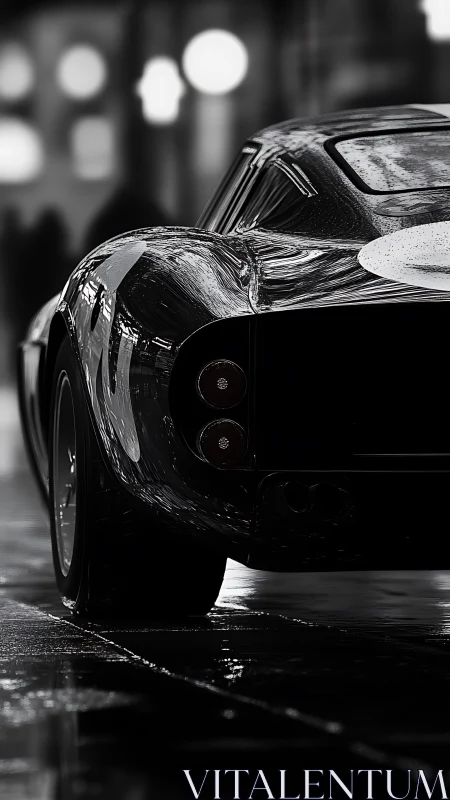 Rear view of classic sports car on wet city street at night.
