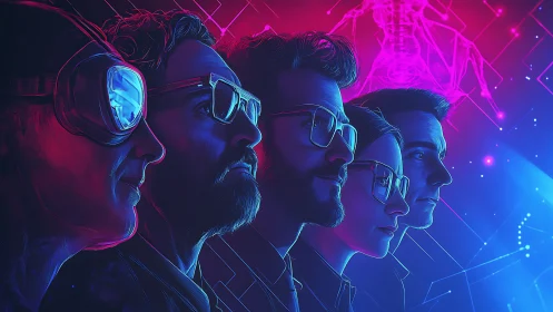 Futurist team studies neon data in dual color lighting.