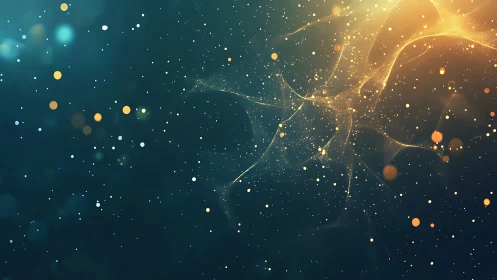 Golden particle network forms radiant nebula against teal void