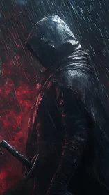 Hooded swordsman stalks through rain soaked crimson night