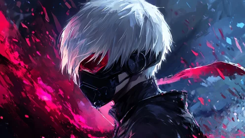 Masked white‑haired antihero amid crimson energy shards.