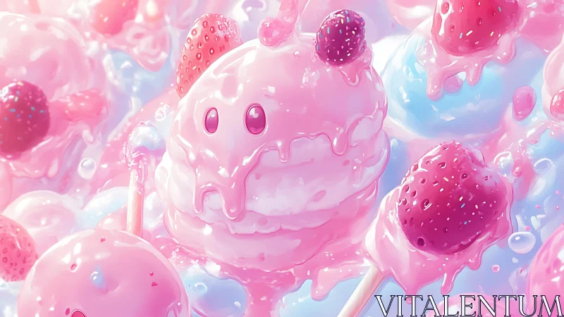 Cute Pink Blob Character with Candy Spheres in Glossy Pastel Scene.