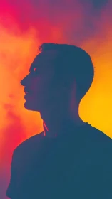 Contemplative male silhouette glows against vivid neon haze