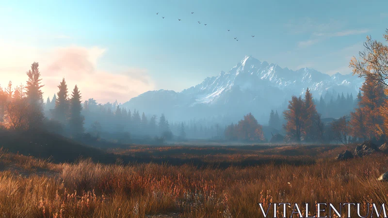 Digital painting alpine meadow under autumn sunrise haze.