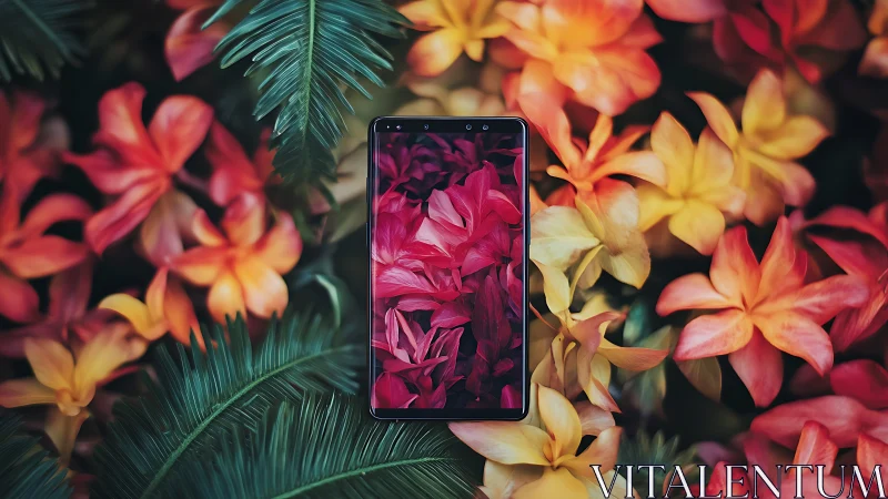 Smartphone lies among tropical foliage and flower elements