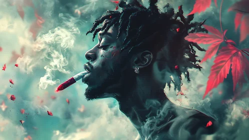 Moody profile portrait exhales swirling neon smoke in dream haze