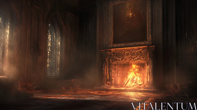 Ornate Cathedral Interior with Blazing Fireplace Illumination