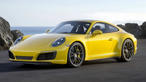 Yellow sports coupe is parked on coastal road at low angle