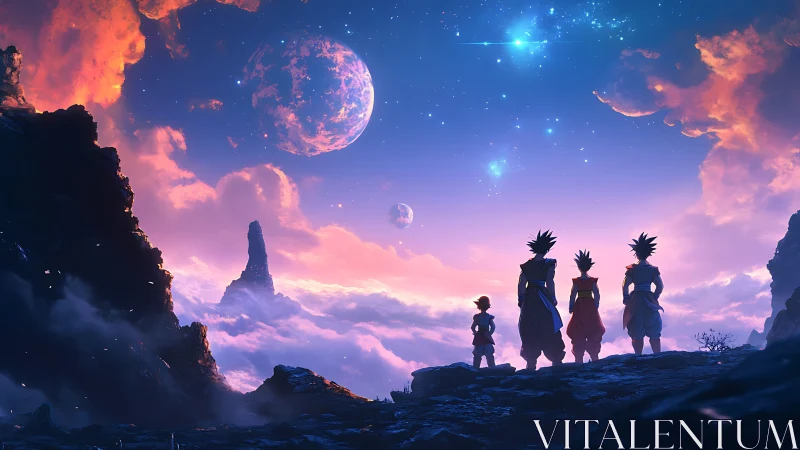 Silhouetted figures on rocky plateau under dual planets.