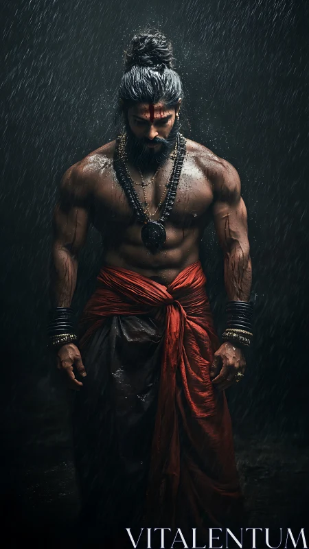 Warrrior monk stands in the rain, radiating solemn spiritual power