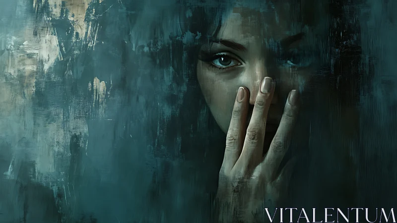 Woman covers half her face with hand in dark teal haze