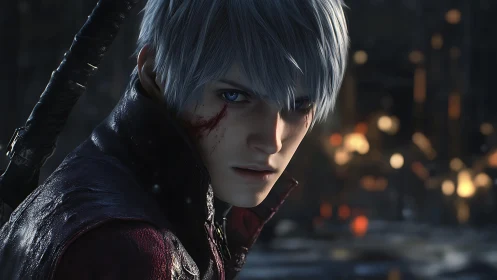 White haired character in leather jacket faces camera in dusk