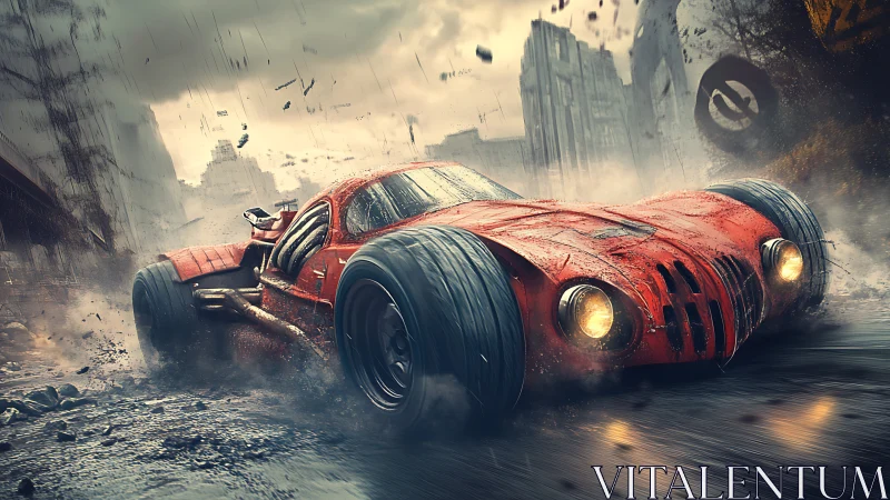 Apocalyptic crimson racer shreds a storm-swept city street.