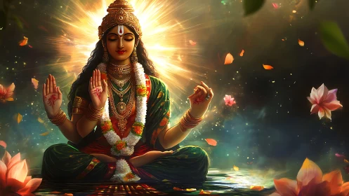 Divine goddess portrait in radiant lotus meditation aura.