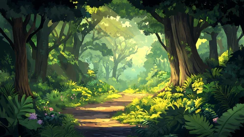 Forest Path Through Yellow Wildflowers and Ancient Trees.