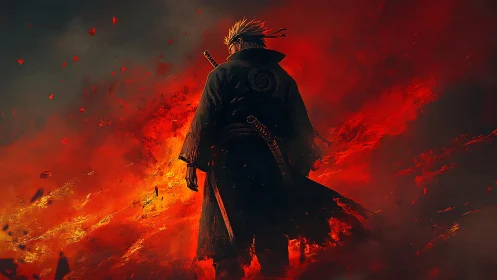 Lone warrior strides through swirling crimson firestorm.