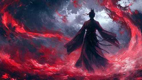 Lone warrior commanding swirling crimson storm energy.