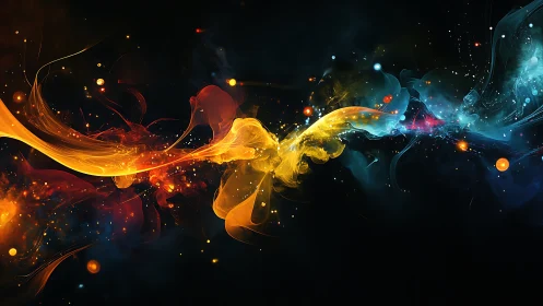 Prismatic energy currents colliding in cosmic darkness.