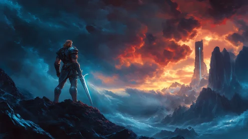Armored warrior surveys stormlit tower across jagged abyss.