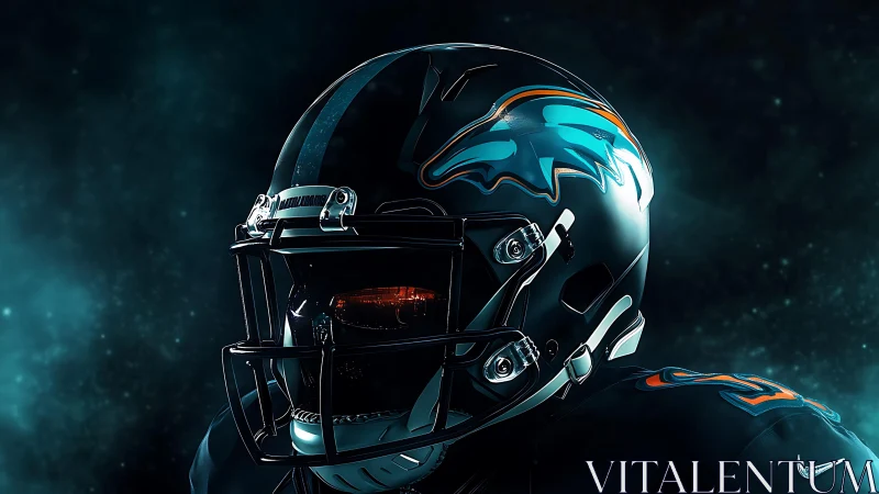 Football player helmet with teal dolphin logo in spotlight.