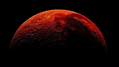 Crimson lunar crescent with detailed cratered surface glow.