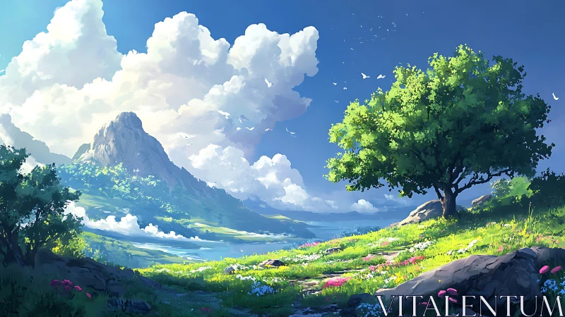 Mountain lake landscape under cumulus clouds at midday.