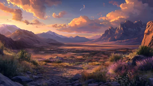 Digital landscape panorama with luminous alpine desert lighting.