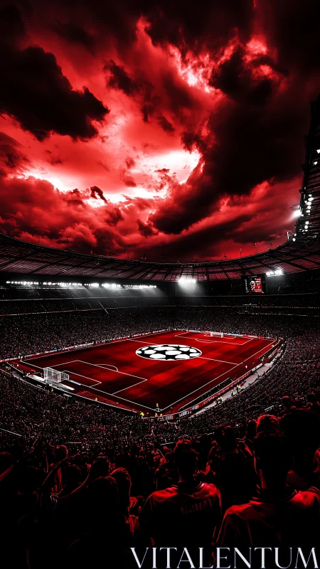High-contrast football arena under dramatic red storm sky.